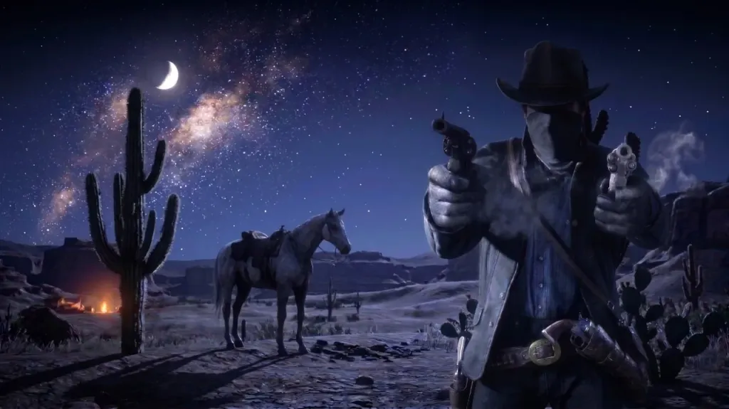 Red Dead Redemption 2 — стрелок с двумя револьверами в ночной прерии